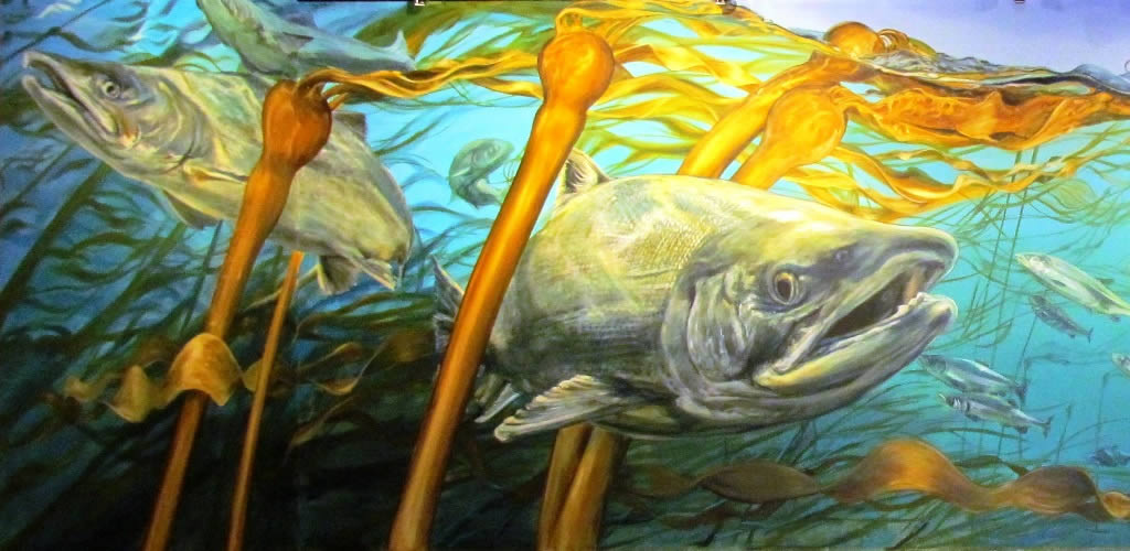 Mural in the Vancouver Four Seasons lobby depicting underwater scene of Burrard Inlet and Lion's Gate Bridge. West Coast Perspective by Tyler Toews, 2019, Acrylic on Canvas.